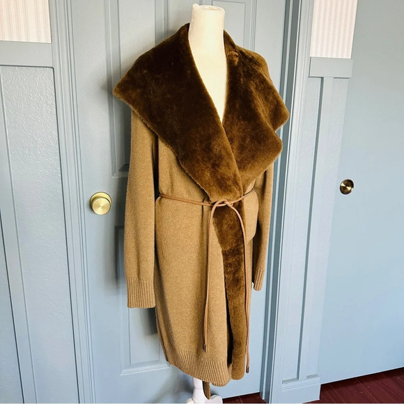 NEW Lafayette 148 NY Cammello Genuine Shearling Panel Wool and Cashmere Cardigan - Picture 4 of 13
